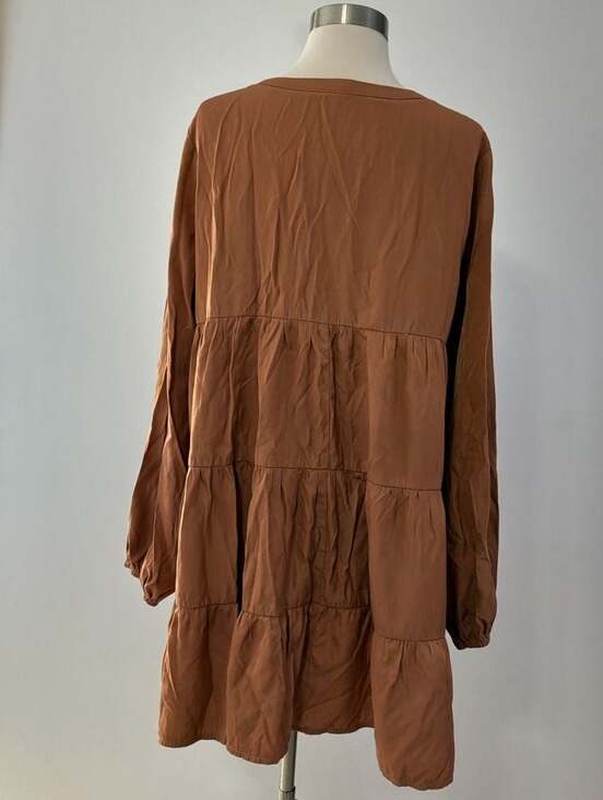 Glam Brown Long Sleeve V-Neck Tiered Mini Dress - Picture 2 of 7